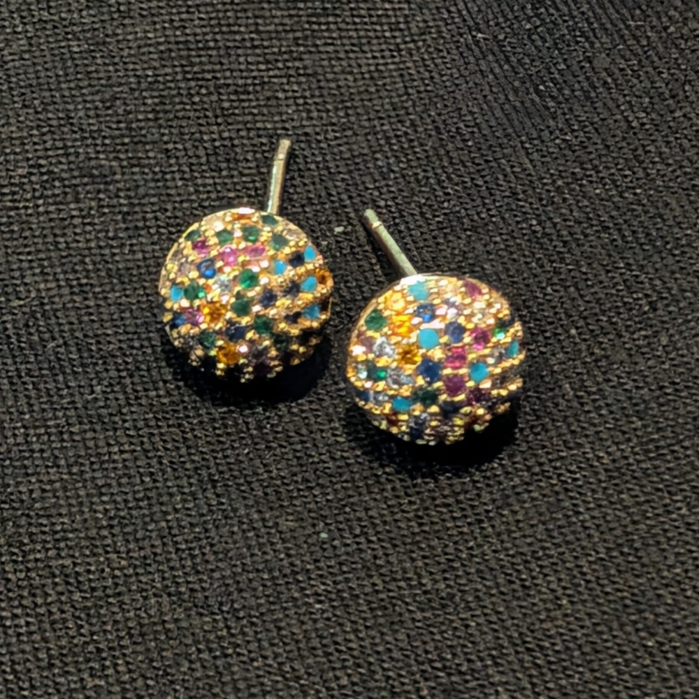 Vintage Multicolor Crystal Dome Earrings Gold Pavé Studs Retro 80s 90s Jewelry